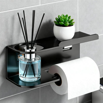 Self-Adhesive Toilet Paper Holder with Phone Shelf – Stainless Steel Wall Mount