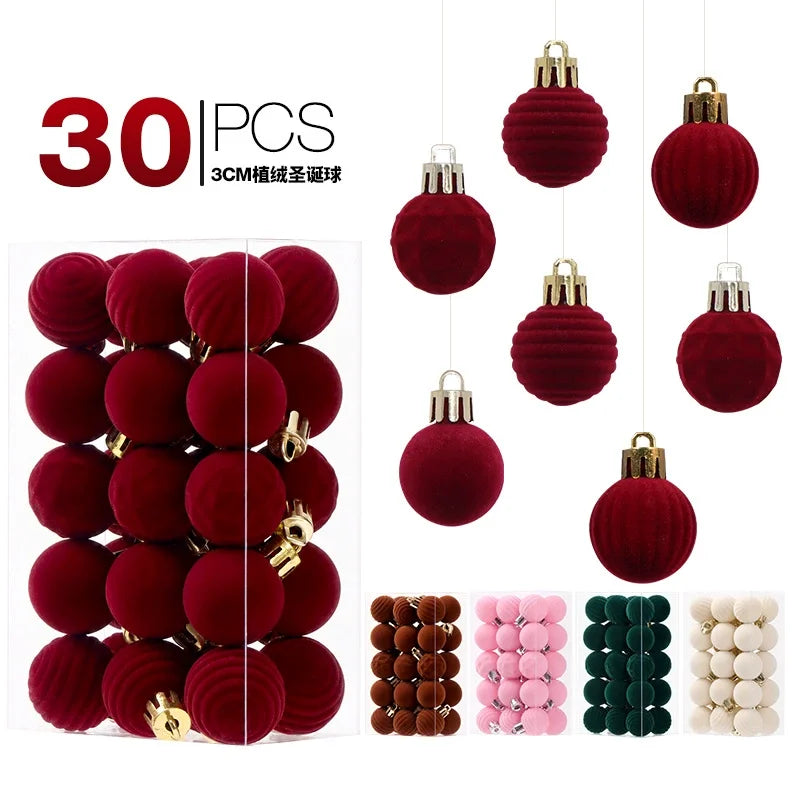 30-Pack Flocked Velvet Christmas Baubles – 3cm Mini Christmas Tree Hanging Ornaments