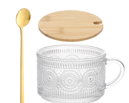 Vintage Glass Coffee Mug with Wooden Lid & Spoon – 450ml Breakfast Cup