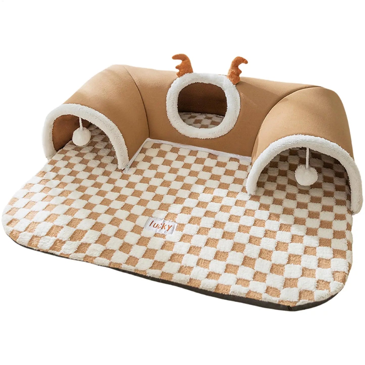 Plush Cat Bed & Play Tunnel – Warm U-Shaped Kitten Hideaway with Toys