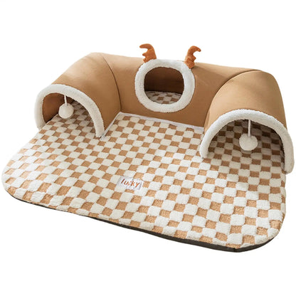 Plush Cat Bed & Play Tunnel – Warm U-Shaped Kitten Hideaway with Toys