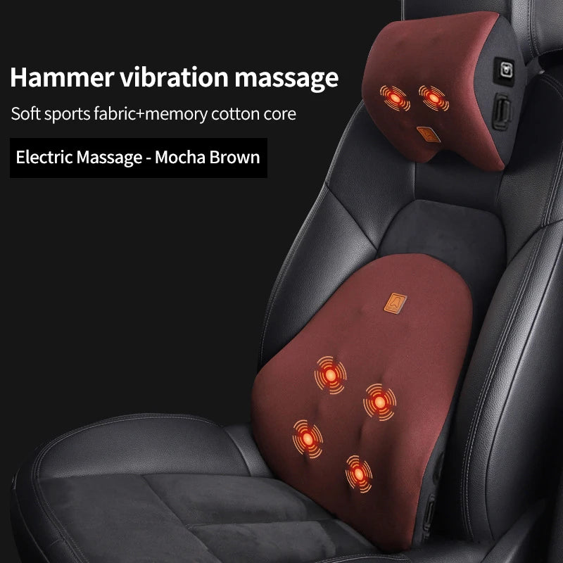 USB Rechargeable Car Neck & Lumbar Massage Cushion – Vibrating Headrest & Back Support