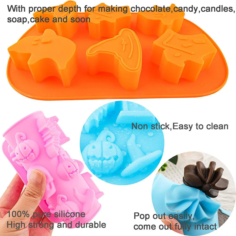 Halloween Silicone Baking Mould – Pumpkin, Ghost, Bat & Witch Hat Shapes