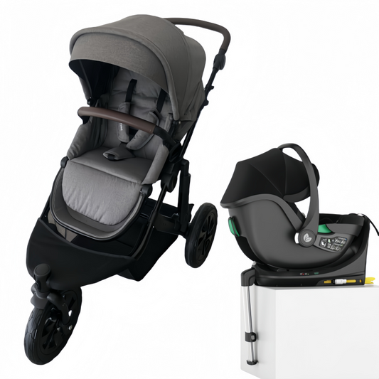 Baby Brightness easygo 1+ three wheel stroller with baby capsule and ISOFIX base Grey