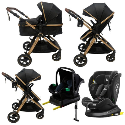 Pre-order Baby Brightness Newborn 4-in-1 Travel System with Bassinet, Capsule, ISOFIX Base & 360° Rotating Car Seat – Black/Gold