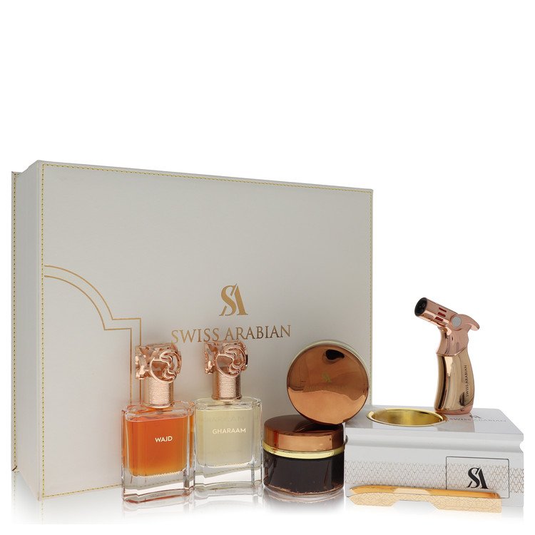 Swiss Arabian Bakhoor Dukhoon Al Haram Gift Set - Gift Set contains 2 x 1.7 oz Eau De Parfum in Wajd & Gharaam + 2 x 60 grams of Incense in Dukhoon Al Haram & Oud Muattar Mumtaz by Swiss Arabian --