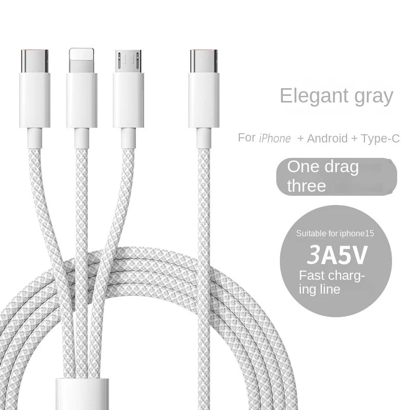 3-in-1 Fast Charging Cable – USB-A to USB-C, Lightning & Micro USB (Up to 100W)