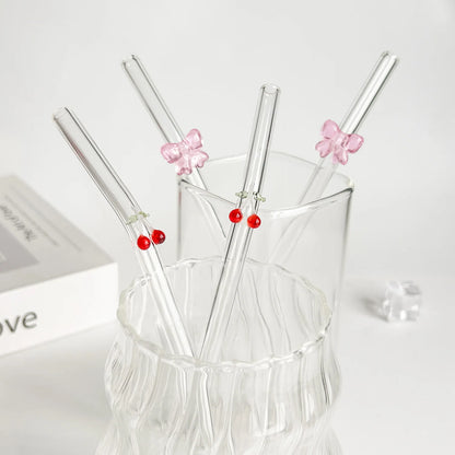 Cute Glass Drinking Straw – Reusable Cherry & Bow Design