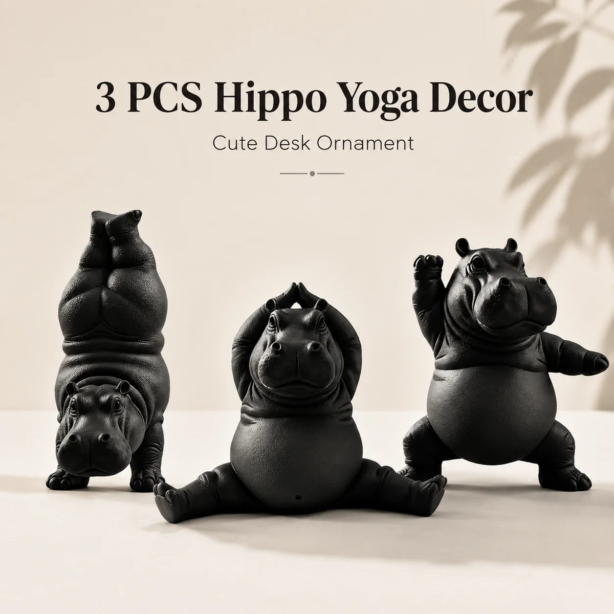 3-Piece Hippo Yoga Sculpture Set – Cute Black Animal Desk & Home Décor