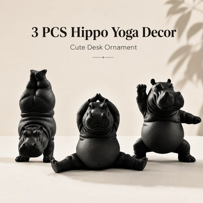 3-Piece Hippo Yoga Sculpture Set – Cute Black Animal Desk & Home Décor