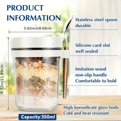 Overnight Oats Glass Cup with Lid & Spoon – 350ml Breakfast Jar