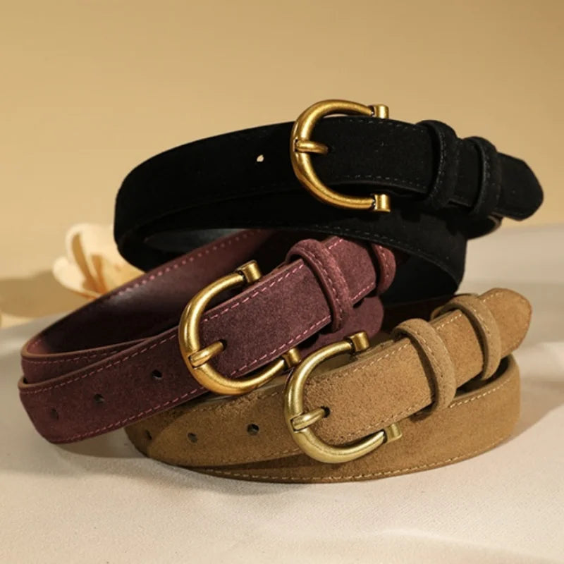 Women's Luxury Suede Leather Belt – Gold Pin Buckle Waist Belt