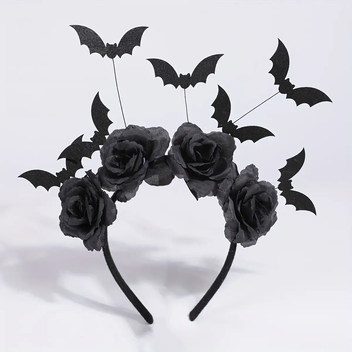 Halloween Witch Hat Headband – Gothic Bat & Black Flower Hair Accessory