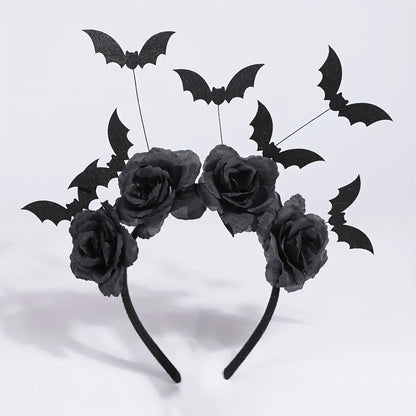 Halloween Witch Hat Headband – Gothic Bat & Black Flower Hair Accessory
