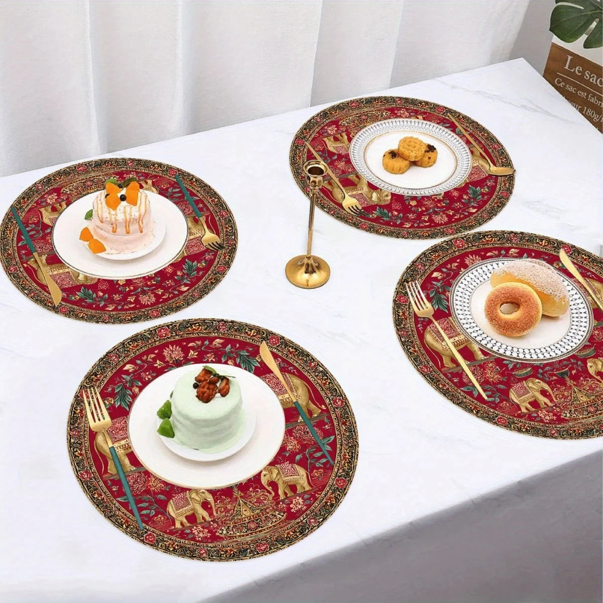 4-Piece Golden Elephant Placemats – Indian-Inspired Dining Table Mats