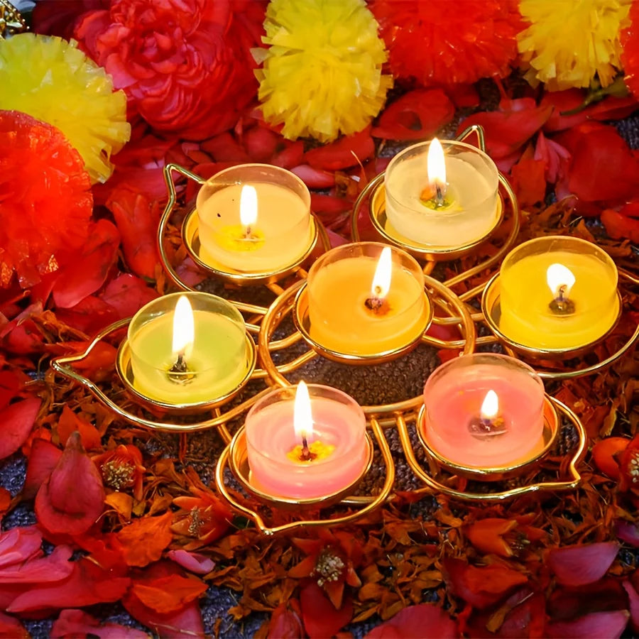 Gold Flower-Shaped 7-Cup Tealight Candle Holder – Metal Diya Stand for Diwali, Navratri & Pooja