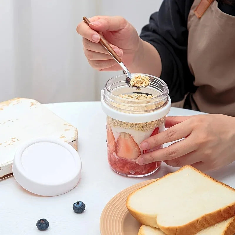 Overnight Oats Glass Cup with Lid & Spoon – 350ml Breakfast Jar