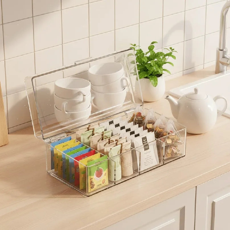 Clear 4-Compartment Storage Box with Lid – Tea Bag, Makeup & Desk Organiser