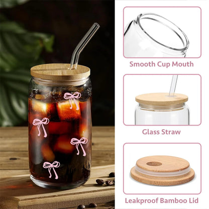 Pink Bow Glass Tumbler with Lid & Straw – 500ml Cute Iced Coffee Cup