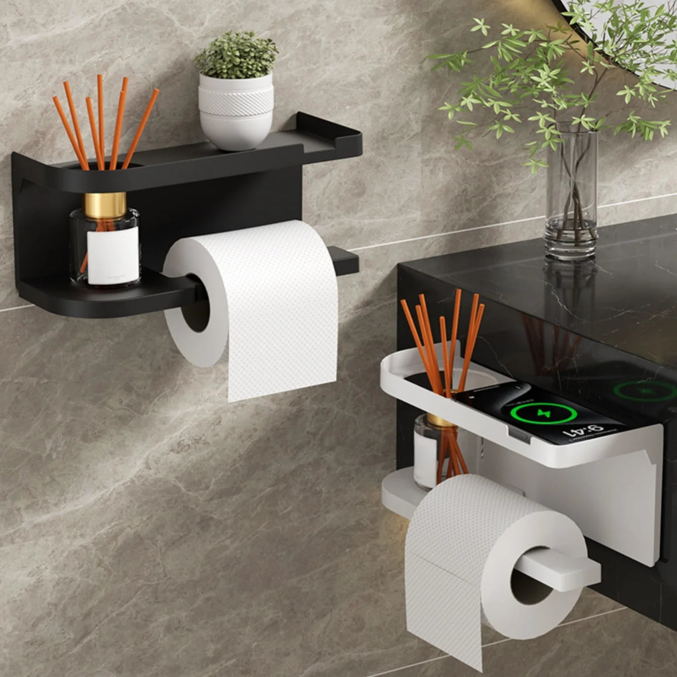 Self-Adhesive Toilet Paper Holder with Phone Shelf – Stainless Steel Wall Mount