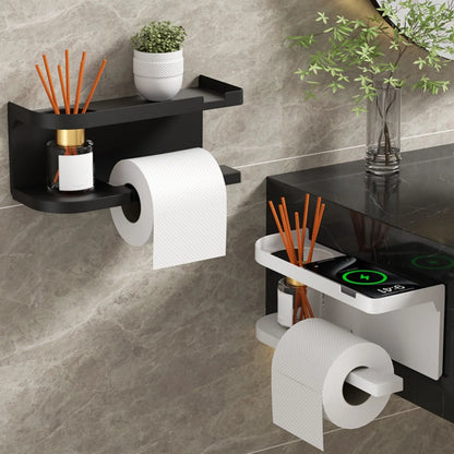 Self-Adhesive Toilet Paper Holder with Phone Shelf – Stainless Steel Wall Mount