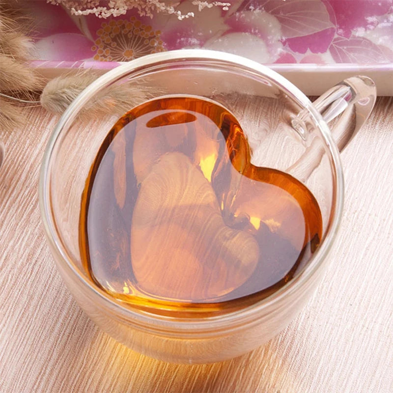 Double-Wall Heart Glass Mug – Insulated Love-Shaped Coffee & Tea Cup