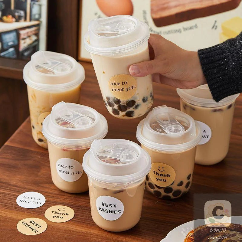 Transparent Coffee Cups with Lids 10-Pack, U-shaped Disposable Drinkware for Hot Fluids, Milk Tea, Take-out Drinks