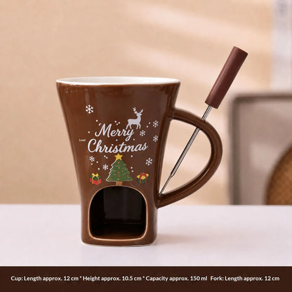 150ml Christmas Ceramic Chocolate Fondue Mug Set with Fork – Mini Melting Pot for Chocolate & Cheese