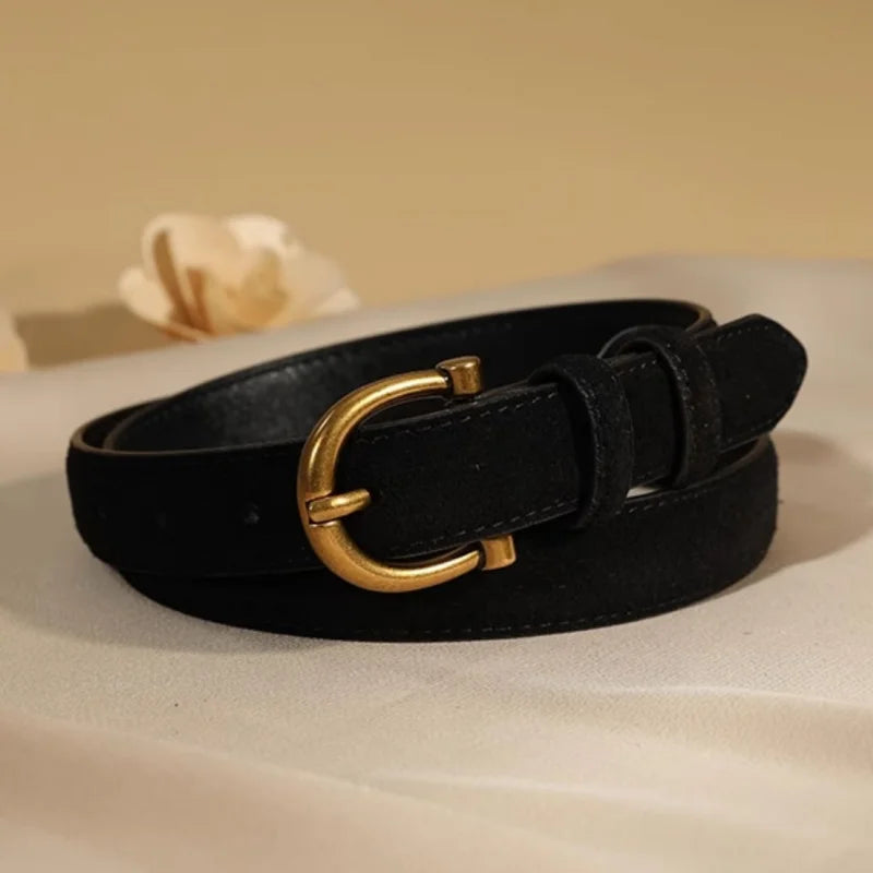 Women's Luxury Suede Leather Belt – Gold Pin Buckle Waist Belt