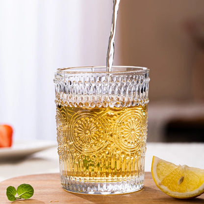 Nordic Sunflower Glass Cup – Retro Embossed Drinking Glass