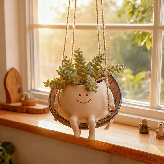 Happy Face Swing Planter – Whimsical Hanging Resin Succulent Pot