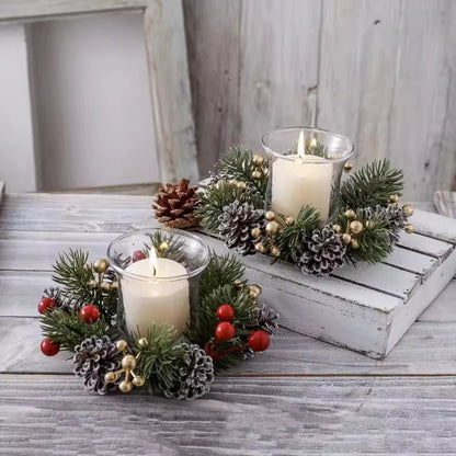 Christmas Candle Wreath Holder – Artificial Pine Branches, Red Berries & Pine Cones, 20cm