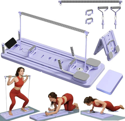 Multi-Functional Pilates Board – Foldable Home Fitness Board with Resistance Bands, Push-Up Bars & Timer