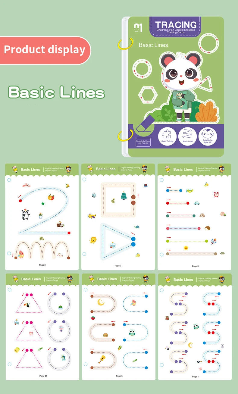 34-Page Reusable Magic Tracing Workbook – Drawing & Pen Control Practice Book