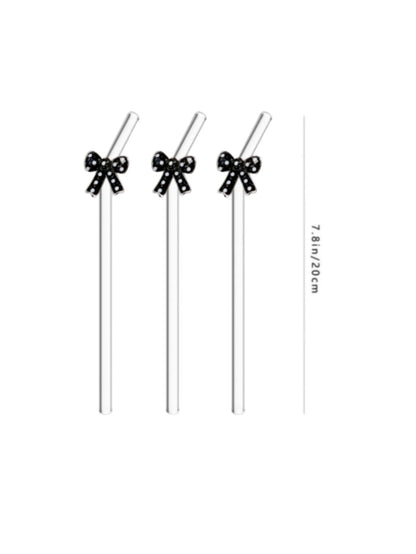 Black Polka Dot Bow Glass Drinking Straws – Reusable Curved Straws (3 or 6 Pack)