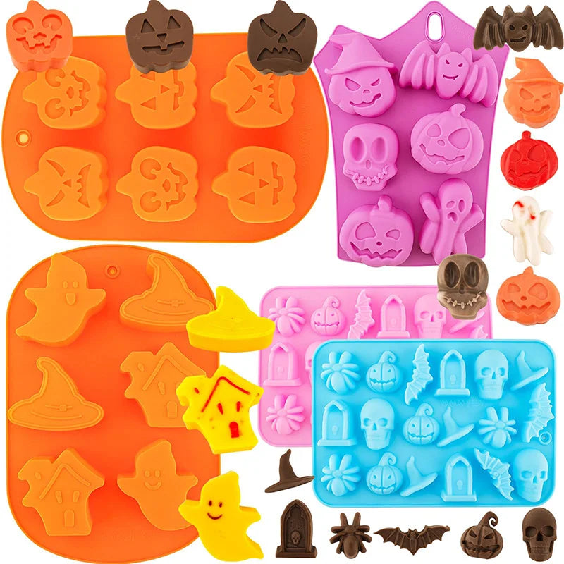 Halloween Silicone Baking Mould – Pumpkin, Ghost, Bat & Witch Hat Shapes