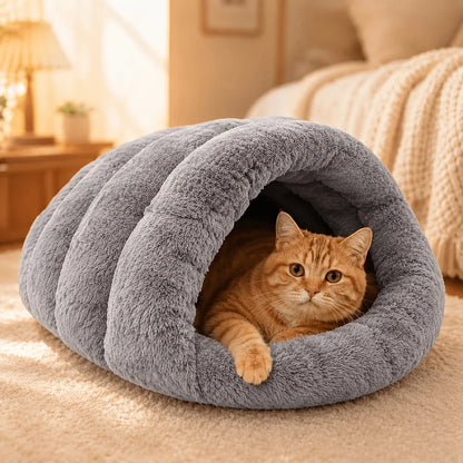 Soft Plush Cat Cave Bed – Warm Semi-Enclosed Sleeping Bed for Cats & Small Dogs