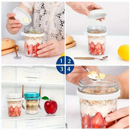 Overnight Oats Glass Cup with Lid & Spoon – 350ml Breakfast Jar