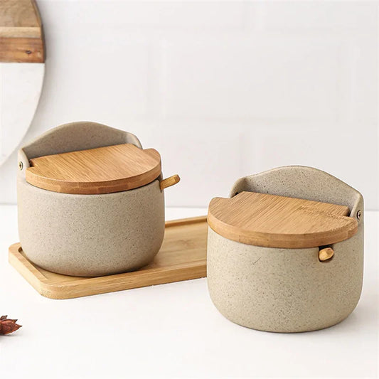 Japanese Style Ceramic Seasoning Jar Set – Bamboo Lid Spice Container with Spoon