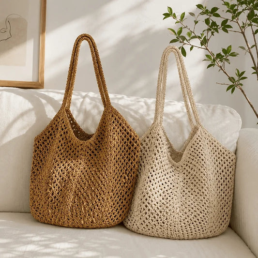 Large Woven Crochet Tote Bag – Lightweight Summer Beach & Shopping Shoulder Bag