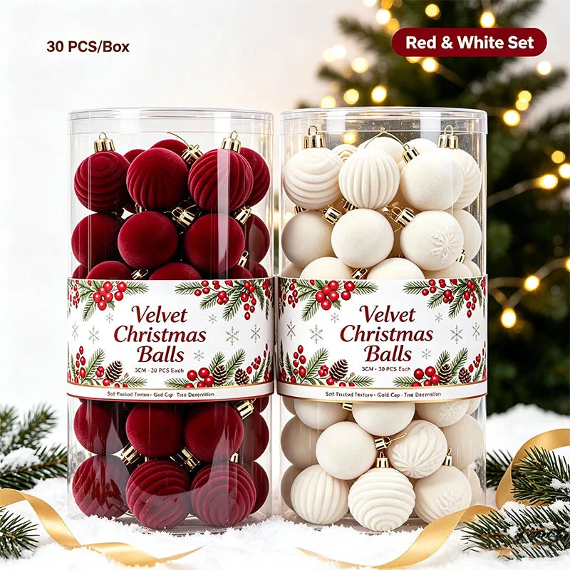 30-Pack Flocked Velvet Christmas Baubles – 3cm Mini Christmas Tree Hanging Ornaments