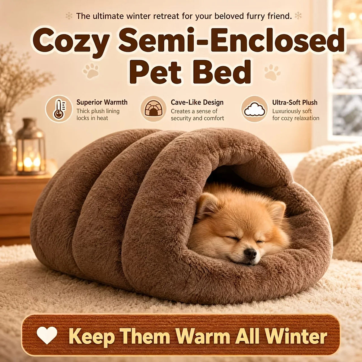 Soft Plush Cat Cave Bed – Warm Semi-Enclosed Sleeping Bed for Cats & Small Dogs