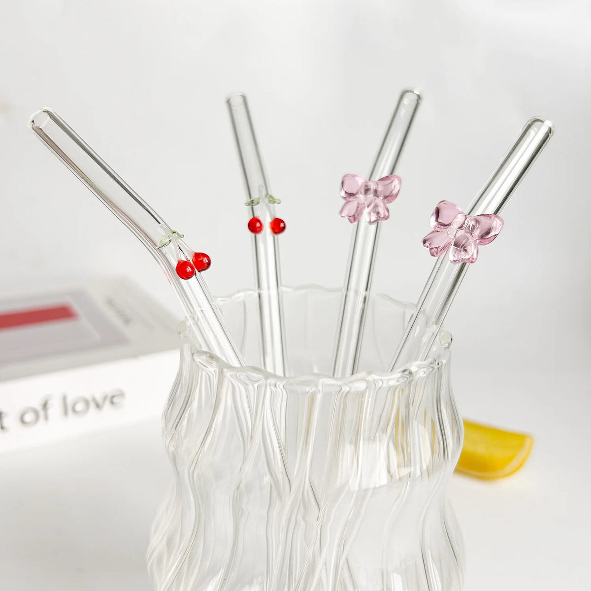 Cute Glass Drinking Straw – Reusable Cherry & Bow Design