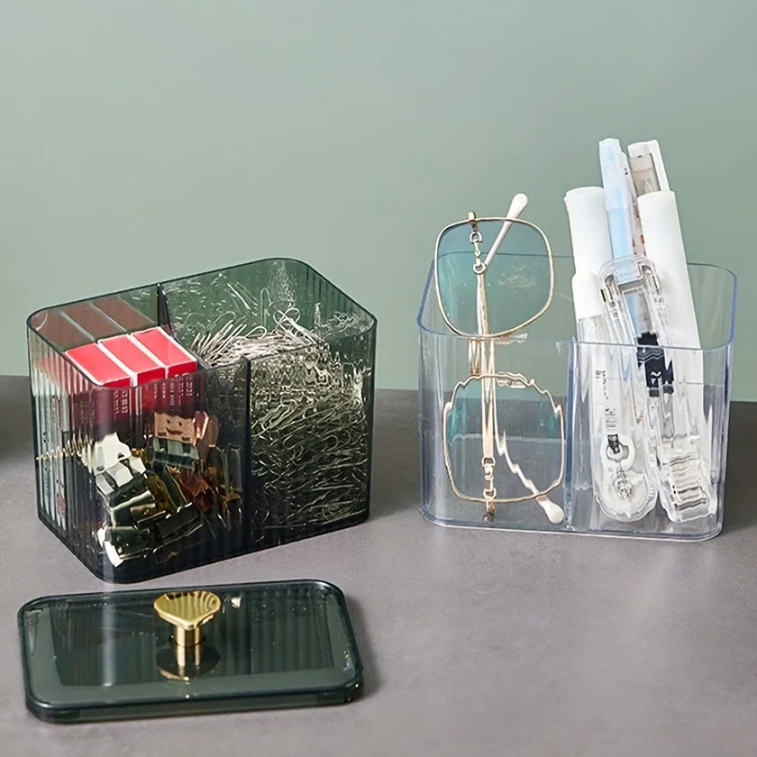 Clear Acrylic Makeup Organiser with Lid – Ribbed Cotton Swab & Cosmetic Storage Box
