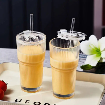 600ml Ribbed Glass Coffee Cup – Transparent Cold Drink Tumbler