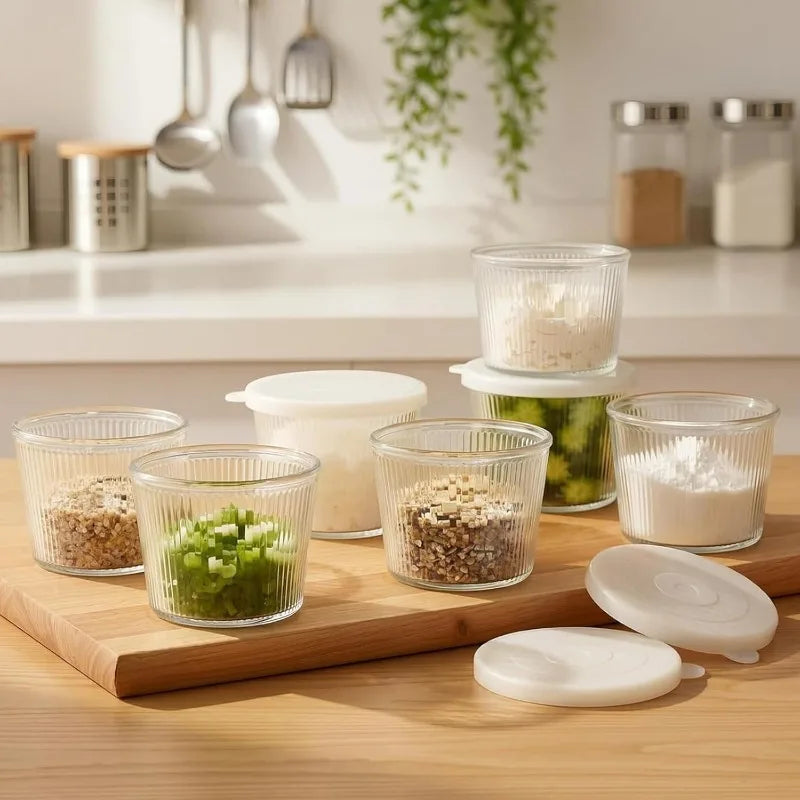 Clear Ribbed Glass Dessert Bowls with Lids – Stackable Snack & Sauce Containers (4 or 6 Pack)