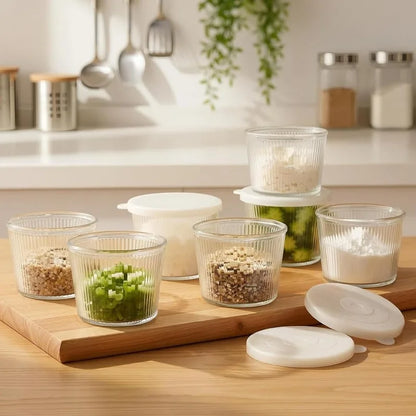 Clear Ribbed Glass Dessert Bowls with Lids – Stackable Snack & Sauce Containers (4 or 6 Pack)