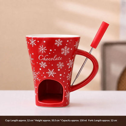 150ml Christmas Ceramic Chocolate Fondue Mug Set with Fork – Mini Melting Pot for Chocolate & Cheese
