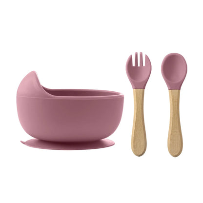3-Piece Silicone Baby Suction Bowl Set – Bowl, Wooden Spoon & Fork