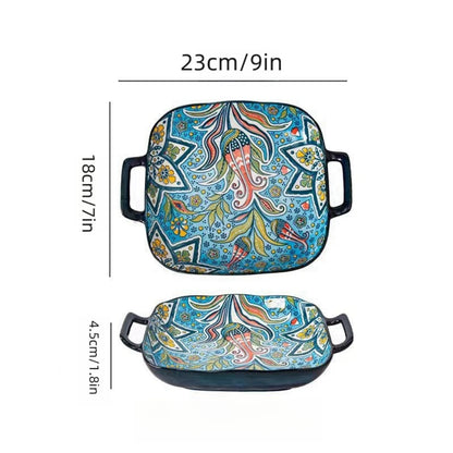 9-Inch Bohemian Ceramic Pasta & Salad Dish – Double Handle Oven & Microwave Safe Plate